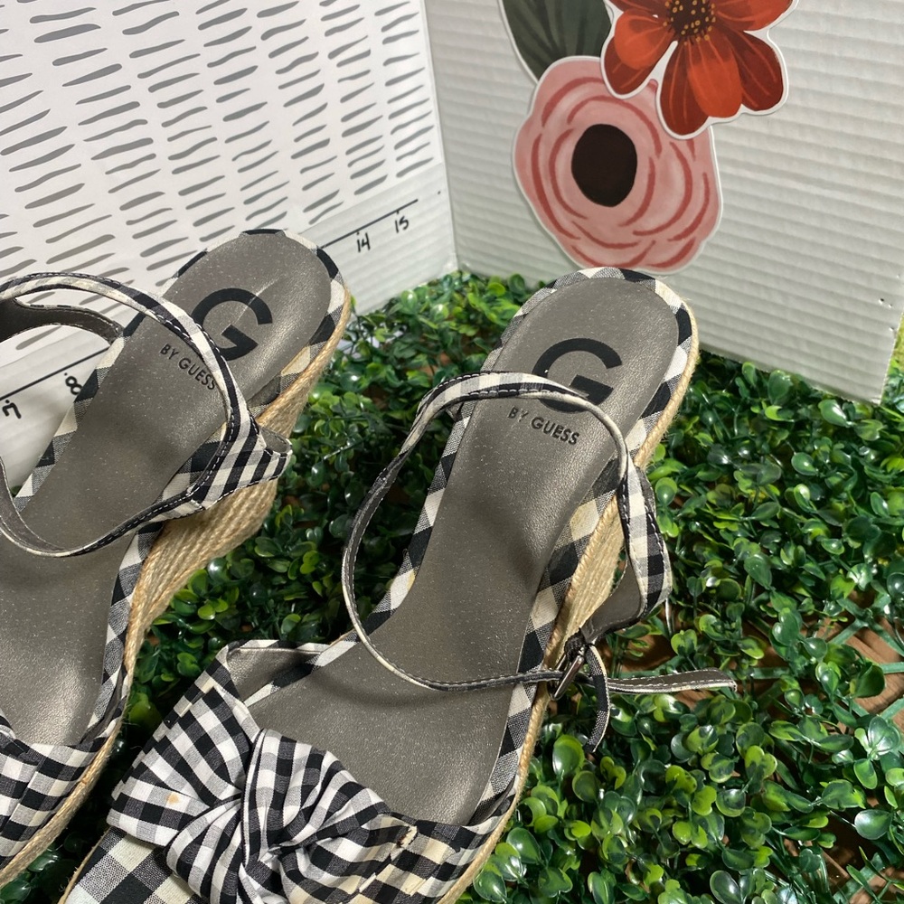 G by Guess Black and White Gingham Knot Espadrille Wedge Sandals - Picture 5 of 10